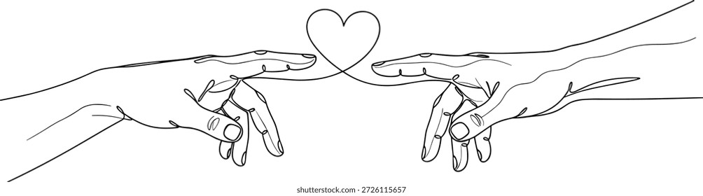 Schwarz-Weiß-Illustration von zwei Händen, die mit dem Herzen zwischen den Fingern greifen, minimale Linienzeichnung, Liebe, Einheit, Verbindung