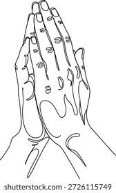 Ilustração em preto e branco de duas mãos em oração ou gesto de namaste, desenho de linha mínima, símbolo espiritual, gratidão