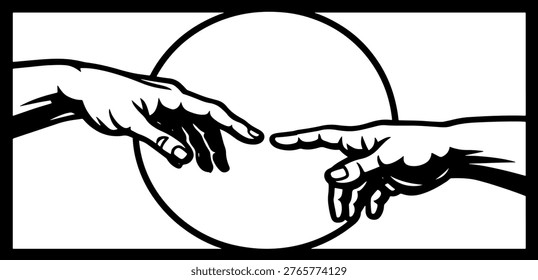 Black and white illustration of two hands almost touching 
inspired by Creation of Adam Michelangelo classic art vector