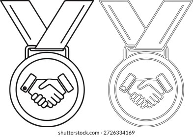 Ilustración en blanco y negro de dos medallas de apretón de manos con cintas, una rellena y otra delineada, que simbolizan la colaboración y el Acuerdo.
