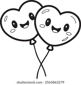 Black and white illustration of two heart-shaped balloons with smiling faces