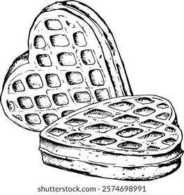 Black and white illustration of two heart-shaped waffles, drawn in a detailed sketch style. Perfect for bakery branding, Valentine s Day, International Waffle Day or menu designs, cards and labels