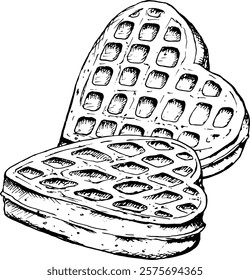 Black and white illustration of two heart-shaped waffles stacked together, drawn in a sketch style. Ideal for breakfast menu, bakery branding, Valentine s Day or International Waffle Day celebrations