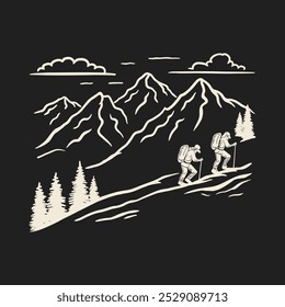 Ilustración en blanco y negro de dos excursionistas ascendiendo por un sendero de montaña empinado.