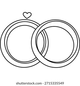 Ilustración en blanco y negro de dos anillos de boda entrelazados con un símbolo de corazón sobre ellos, que representan el amor y el matrimonio.