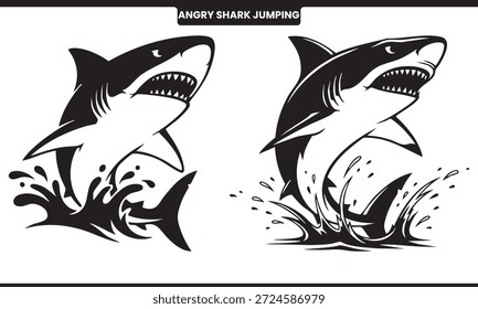 Ilustración en blanco y negro de dos tiburones saltando con agua salpicando