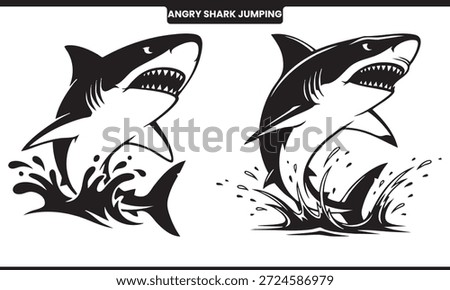 Black and white illustration of two jumping sharks with splashing water