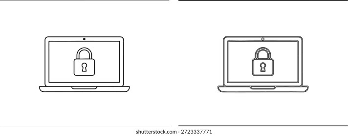 Uma ilustração em preto e branco de dois laptops lado a lado, cada um exibindo um ícone de cadeado em suas telas, em um fundo branco