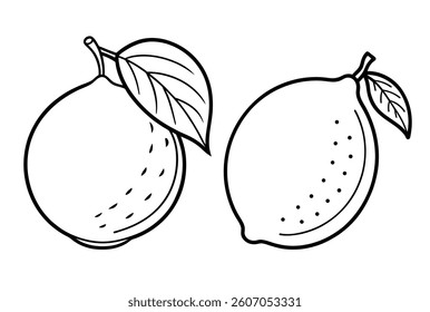 Black and White Illustration of Two Lemons With Leaves