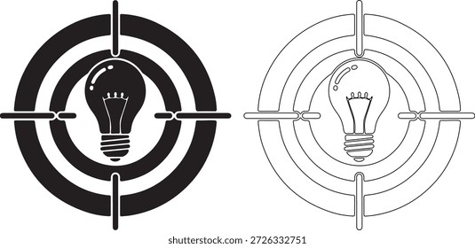Una ilustración en blanco y negro de dos objetivos de bombillas con cruces, uno negro sólido y uno punteado, sobre un fondo blanco puro.