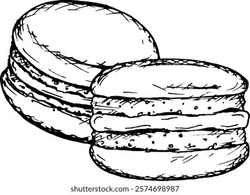 Black and white illustration of two macarons, drawn in a detailed sketch style. Ideal for confectionery, bakery branding, menu design, Valentine s Day or festive decorations. Perfect for cards, labels