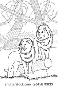 Black and white illustration of two male lions in a natural setting, suitable for coloring, animal themes, or design.