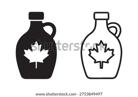 Black and white illustration of two maple syrup bottles, each adorned with a maple leaf.