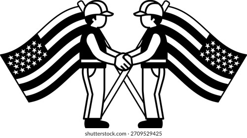 Ilustración en blanco y negro de dos hombres estrechando la mano frente a una bandera estadounidense 