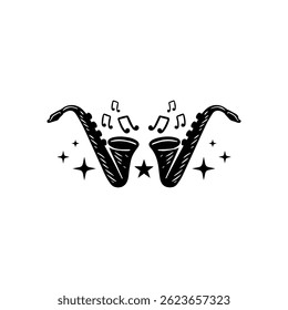 Black and white illustration of two mirrored saxophones with musical notes and stars, ideal for jazz posters, flyers, band logos, album covers, tattoos or any creative music project.