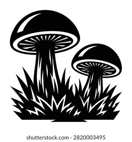 Black and white illustration of two mushrooms growing in a grass field, nature scene