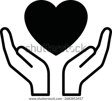 A black and white illustration of two open hands gently holding a large black heart above them.