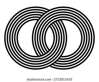 Ilustração em preto e branco de dois anéis sobrepostos com vários círculos concêntricos isolados em