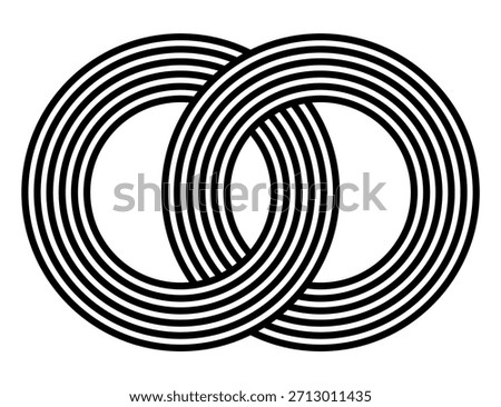 Black and white illustration of two overlapping rings with multiple concentric circles isolated on