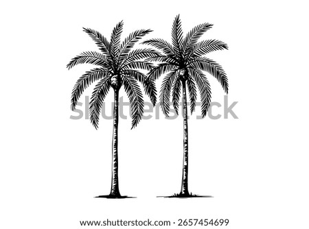 A black and white illustration of two palm trees with detailed trunks and fronds.