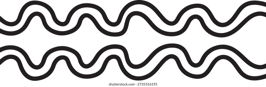 Ilustración en blanco y negro de dos líneas onduladas paralelas que forman un patrón abstracto simple aislado sobre fondo blanco, ilustración