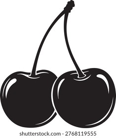 A black and white illustration of two shiny cherries with stems attached, side by side, on a pure white background