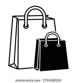 Black and white illustration of two shopping bags for carryout food or retail goods