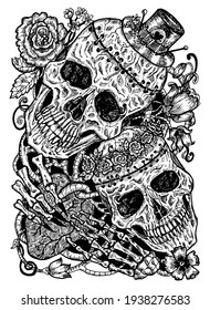 Black and white illustration with two skulls of lovers holding heart, decorated with flowers. Mystic background for Halloween, esoteric, gothic, heavy metal or occult concept. Day of the dead sketch