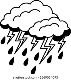 Ilustración en blanco y negro de dos nubes de tormenta con rayos y lluvia cayendo