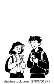 Eine schwarz-weiße Illustration von zwei Schülern mit Rucksäcken, die Telefone halten und sprechen.