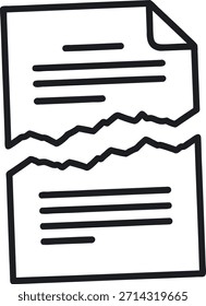 A black and white illustration of two torn paper sheets with horizontal lines, resembling a document or note, on a pure white background.