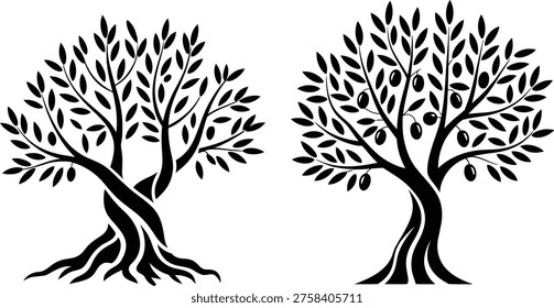 A black and white illustration of two trees with intertwined trunks and roots, symbolizing unity and connection.