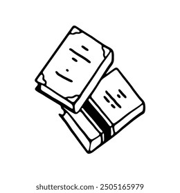 A black and white illustration of two vintage-style books stacked on top of each other