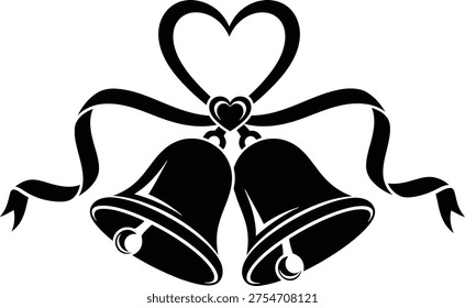 A black and white illustration of two wedding bells tied with a ribbon in a heart shape