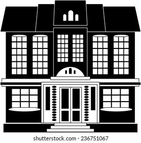 Black and white illustration of a two-storey house in classical style