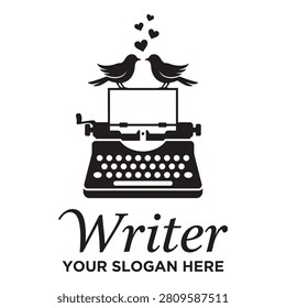 Black and white illustration of typewriter with birds and hearts writer concept icon