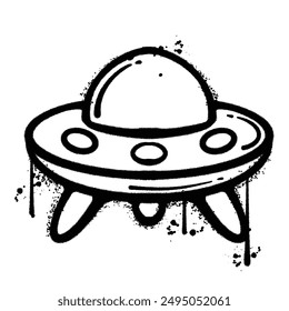 A black and white illustration of a UFO drawn with a spray paint effect.