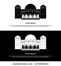 A black and white illustration of ulil albab mosque UII in yogyakarta. one of the famous meeting halls in jogja, can be used for weddings too, lots of people exercising around it