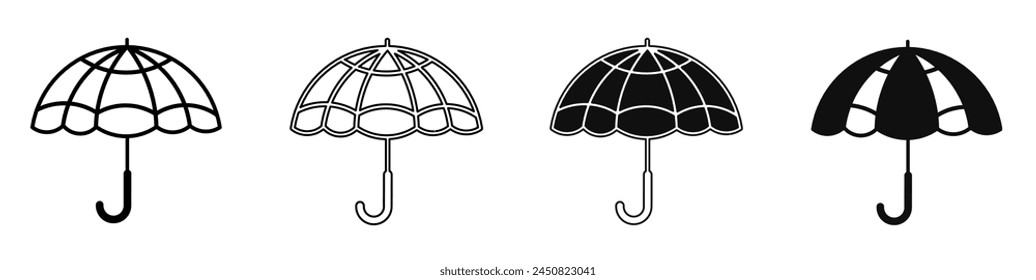 Black and white illustration of a umbrella. Umbrella icon collection with line. Stock vector illustration.
