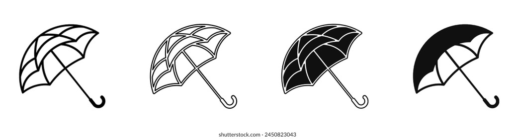 Black and white illustration of a umbrella. Umbrella icon collection with line. Stock vector illustration.