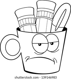 Black and white illustration of a unhappy cup holding pencils and a pen.