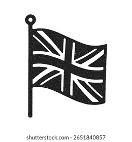 Ilustração em preto e branco da bandeira do Reino Unido com textura vintage. Design ideal para temas culturais, históricos ou patrióticos.  