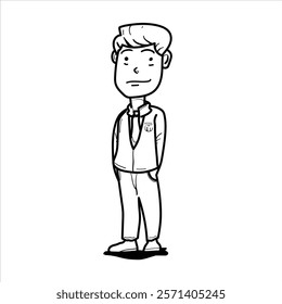 A black and white illustration of a university student standing upright with confidence. This simple line art is ideal for coloring pages, educational materials, character design, or creative projects