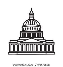 Black and white illustration of the US Capitol Building with dome and columns American government architecture symbol