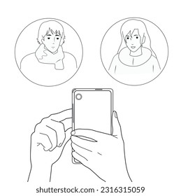 Schwarz-Weiß-Illustration. Verwenden eines Smartphones zur Kommunikation.