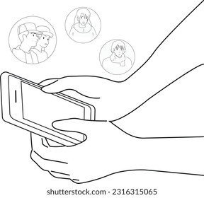 Black and white illustration. Using a smartphone to communicate.
