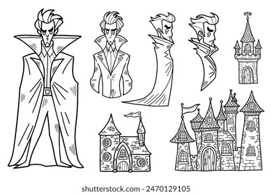 black and white illustration of vampire character set on background