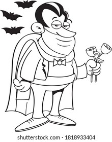 Black and white illustration of a vampire wearing a mask surrounded by bats.