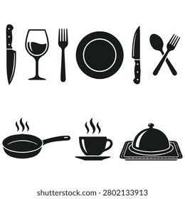 Black and white illustration of various dining utensils and dishes on a table setting
