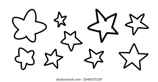 Black and white illustration of various handdrawn star shapes. Simple lines and playful design make it perfect for creative projects and educational materials.